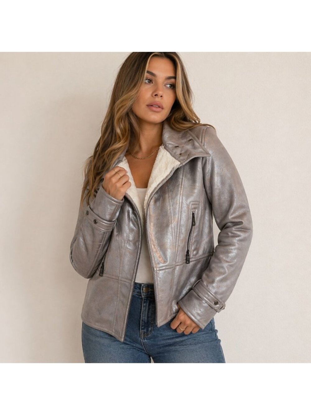 Via Spiga Metallic Faux Leather Jacket Shearling Lined Gray XS Moto Style